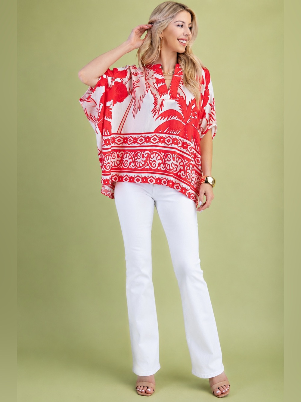 Red and White Printed V-Neck Poncho Top